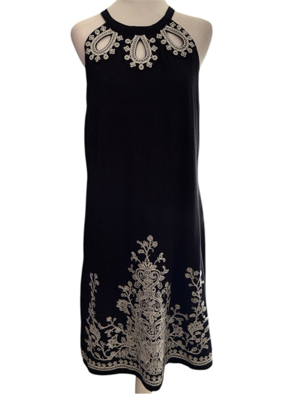 INC International Concepts Black Midi Halter Dress with White Embroidery size XL